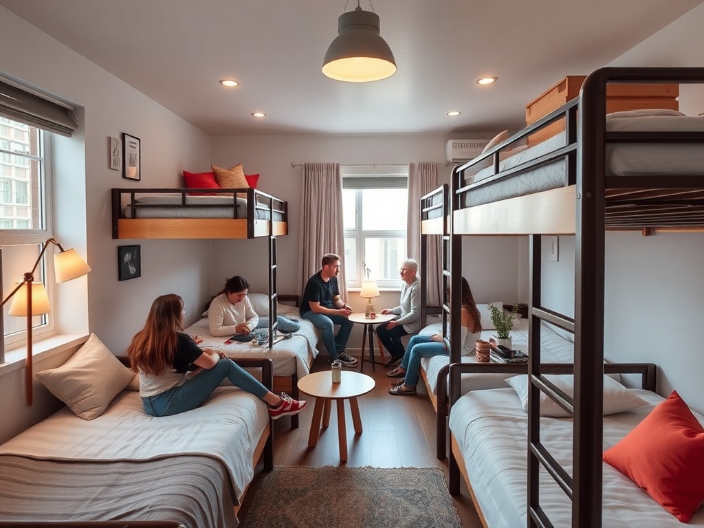 cozy hostel dorm room with modern design, travelers chatting and relaxing, affordable yet clean lodging