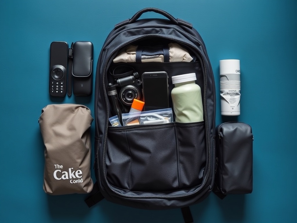 minimalist travel packing setup with backpack, neatly organized essentials for budget travel