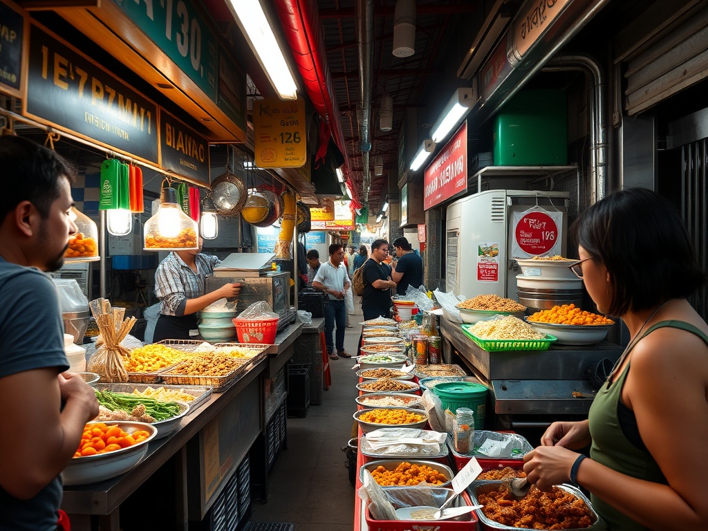 street food market with diverse cheap meals, travelers enjoying local dishes at small stalls