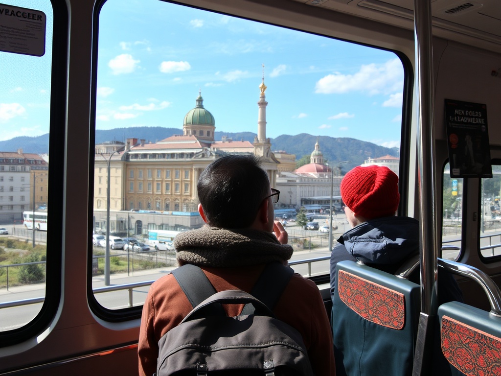 traveler using public transportation in a foreign city, bus or metro with scenic views outside