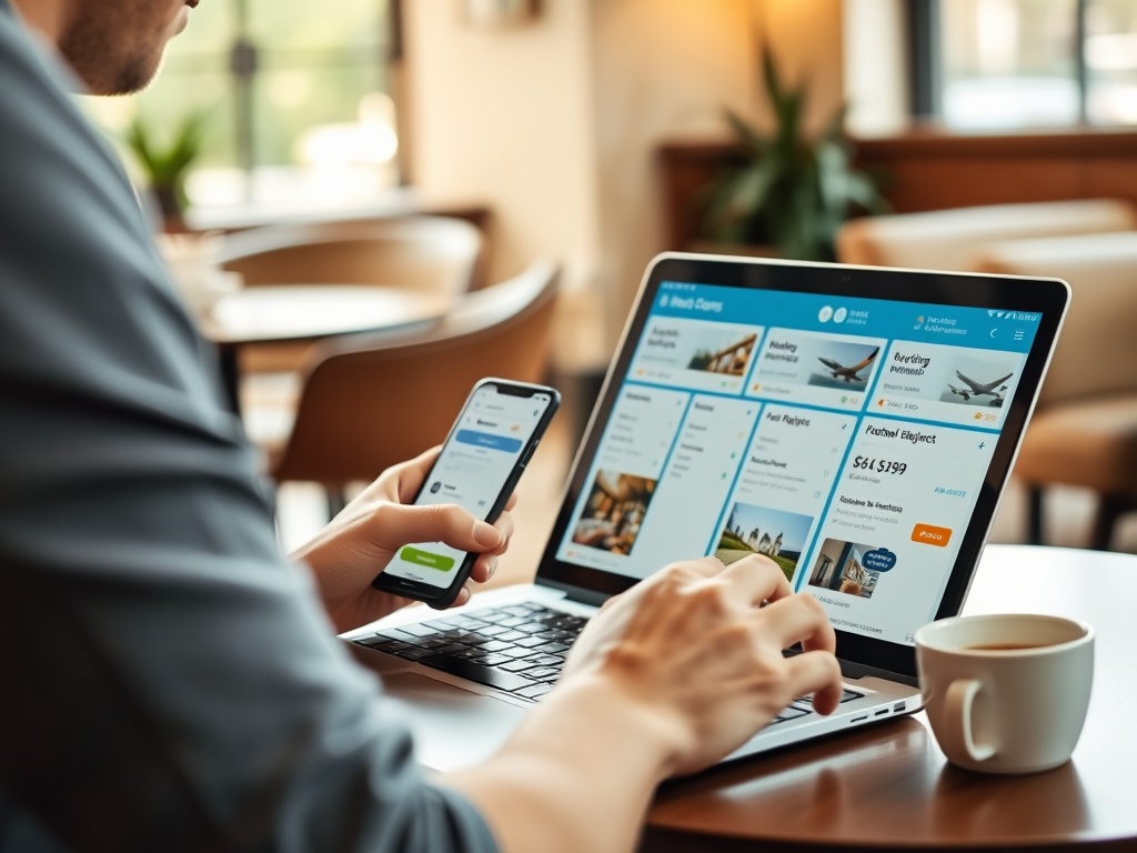 a traveler comparing multiple booking apps on a laptop with flight deals and hotel options displayed, cozy cafe setting, natural light