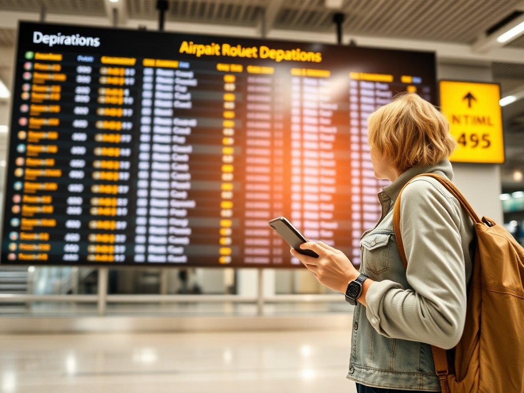 airport departure board with multiple destinations and a traveler planning routes with notebook and phone, dynamic travel atmosphere