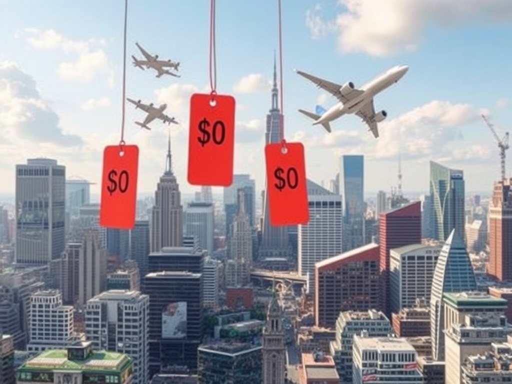 busy tourist city skyline with price tags floating above hotels and flights showing fluctuating costs concept