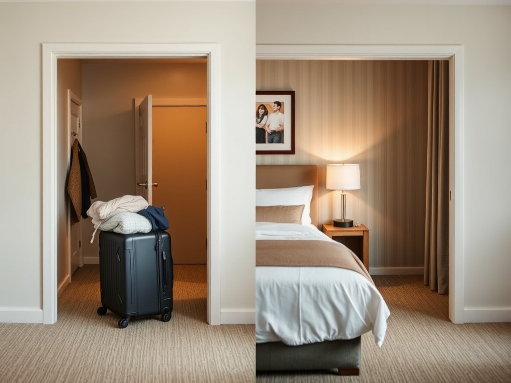 cozy hotel room transition scene with suitcase packed and unpacked, showing two different budget-friendly accommodations side by side