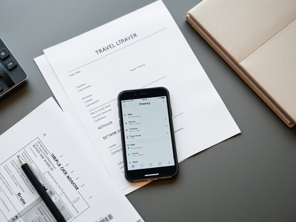 organized travel documents and smartphone with itinerary apps neatly arranged on a table, minimalist planning aesthetic