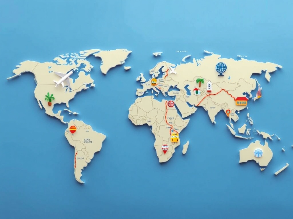 puzzle pieces forming a world map with travel icons representing flights hotels and routes, creative budget travel concept