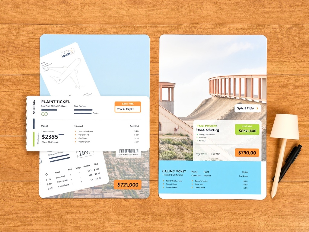 split travel planning concept showing two flight tickets and two hotel bookings laid out side by side with price differences highlighted