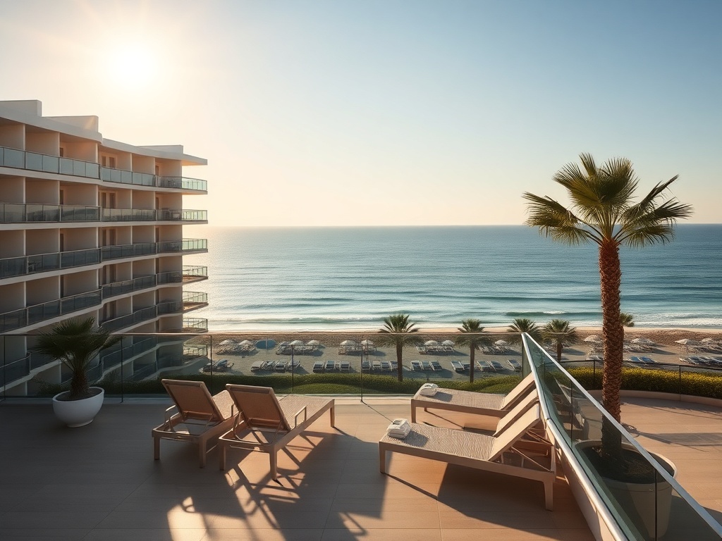 hotel balcony overlooking ocean with empty lounge chairs and soft sunlight, peaceful and uncrowded atmosphere
