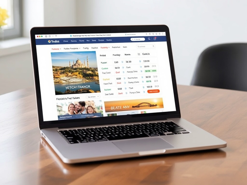 laptop on wooden table showing travel booking site with flexible dates calendar and price differences highlighted