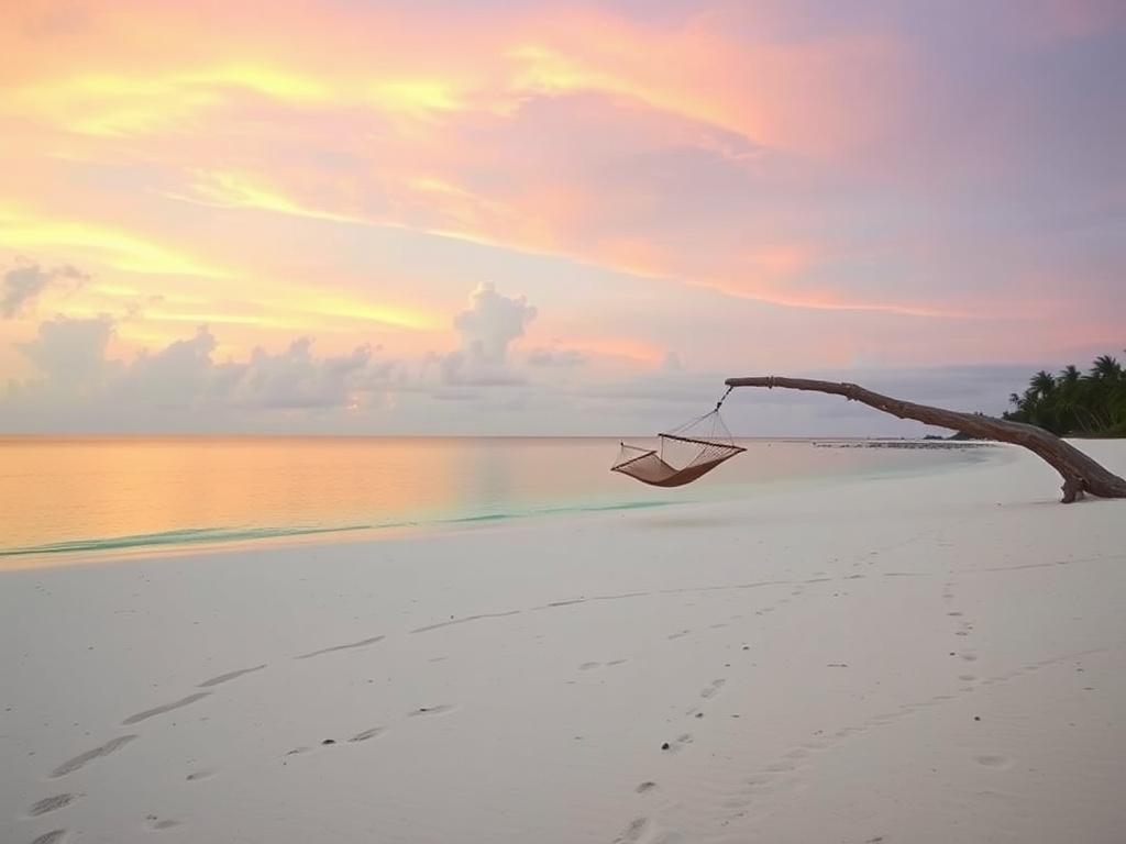 nearly empty tropical beach at sunset with calm water and a single hammock, soft pastel sky