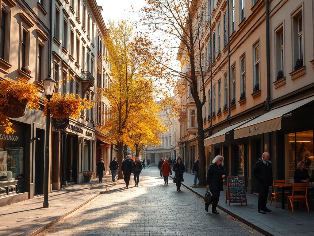 quiet European city street in early autumn with golden leaves, few tourists, cozy cafes, soft morning light
