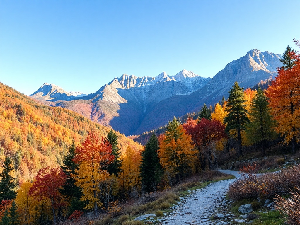 scenic mountain national park in early autumn with colorful trees and empty hiking trail under clear sky