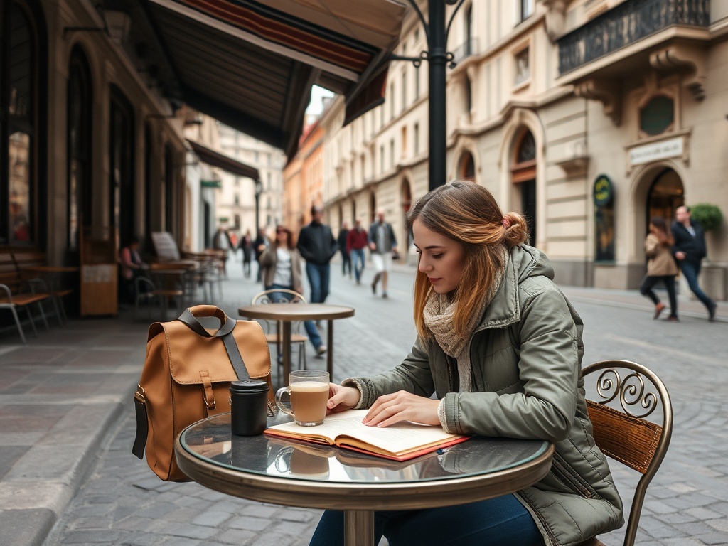 traveler sitting at a quiet cafe table in a historic city, journaling with coffee, relaxed and unhurried mood