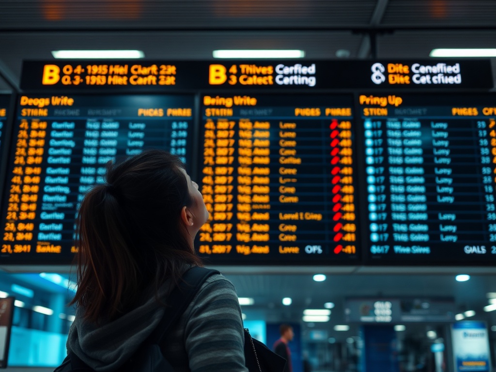 airport departure board with changing flight prices, traveler looking thoughtfully, cinematic lighting