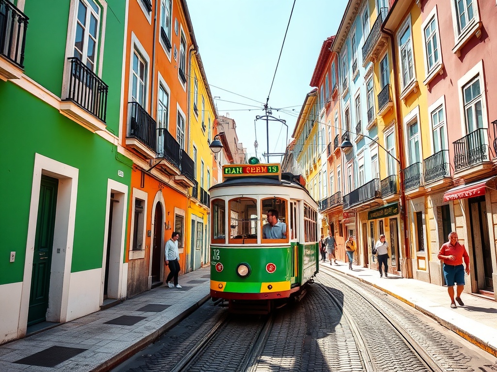 colorful Lisbon street with tram, bright sunlight, budget traveler exploring happily