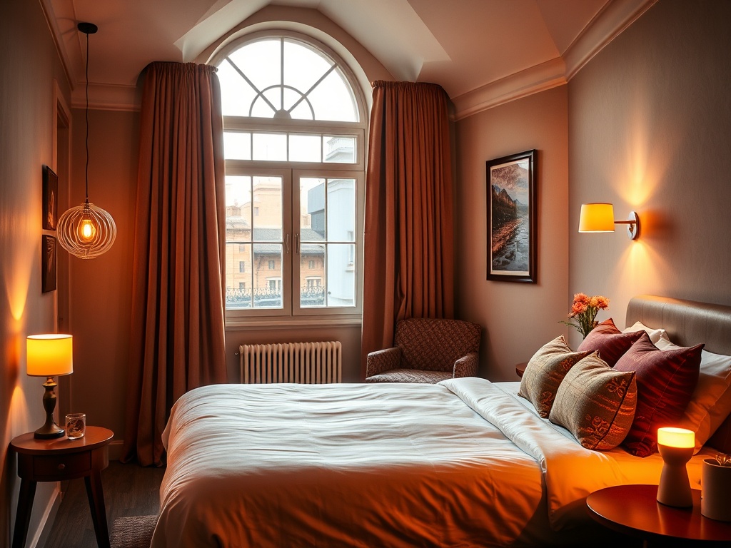 cozy boutique hotel room with window view, warm lighting, relaxed travel atmosphere