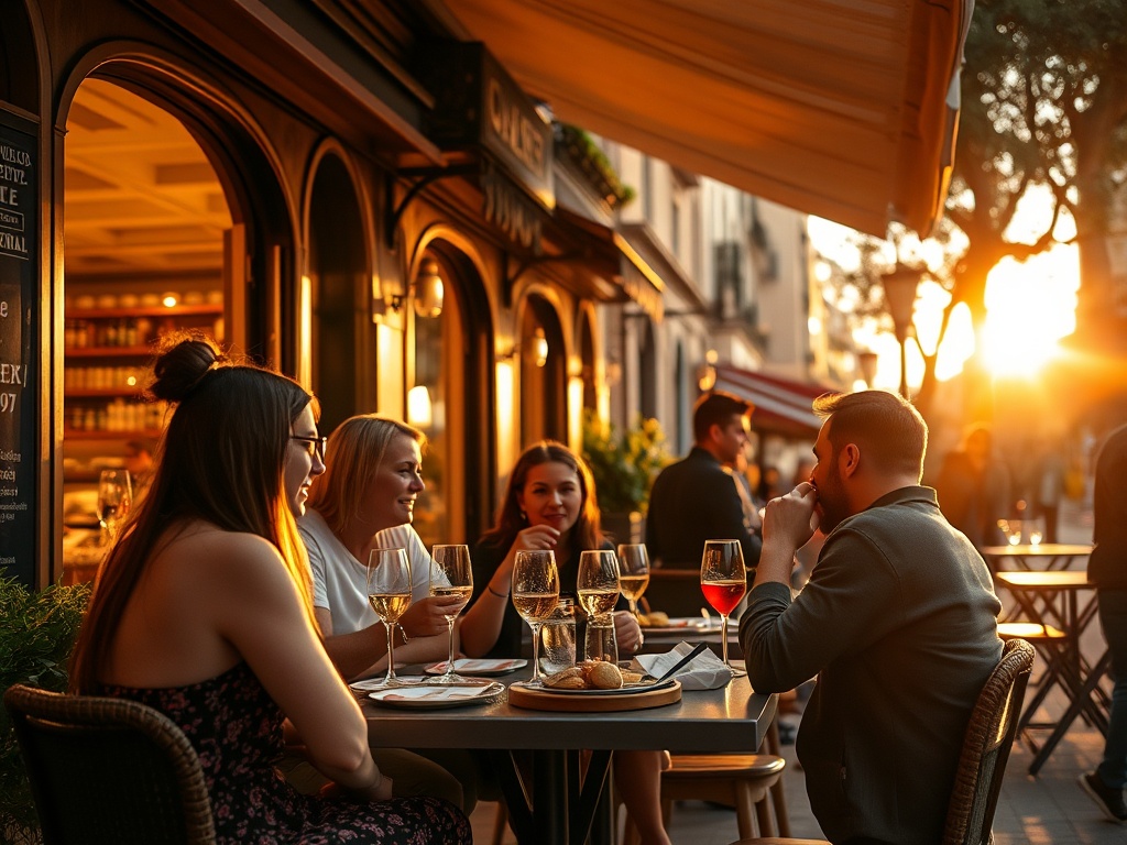 friends enjoying tapas in Barcelona outdoor cafe, evening golden light, lively atmosphere