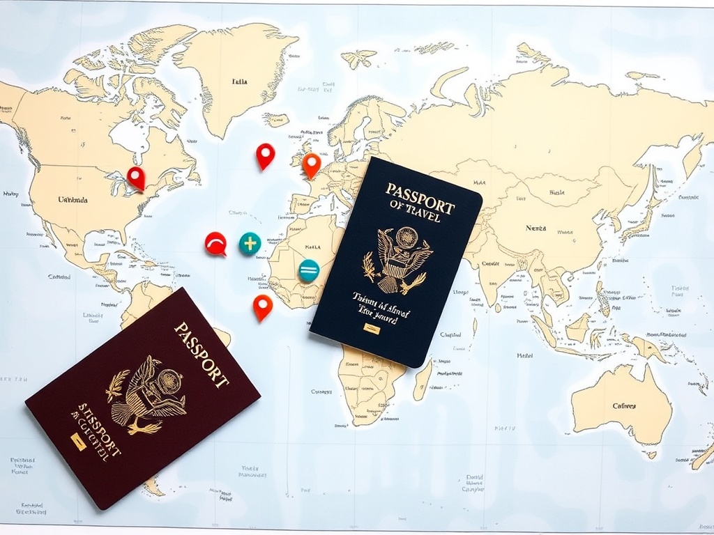 map with multiple travel pins and passport, symbolizing frequent affordable travel, clean aesthetic
