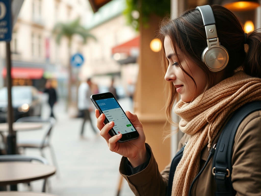 traveler booking flight quickly on smartphone at cafe, focused expression, urban background
