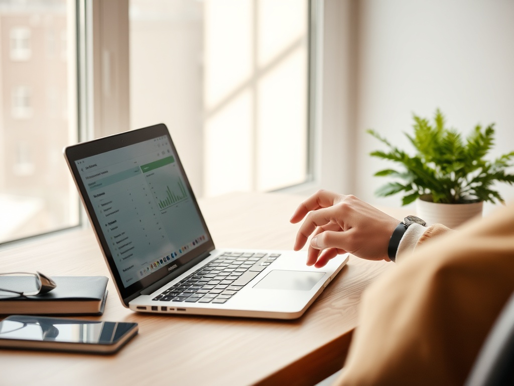 traveler checking flight prices on laptop with coffee, soft morning light, minimalist workspace