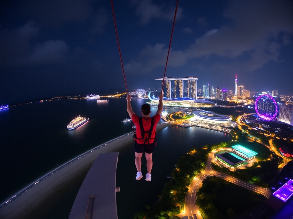 bungee jump at Sentosa Island with beach and city lights