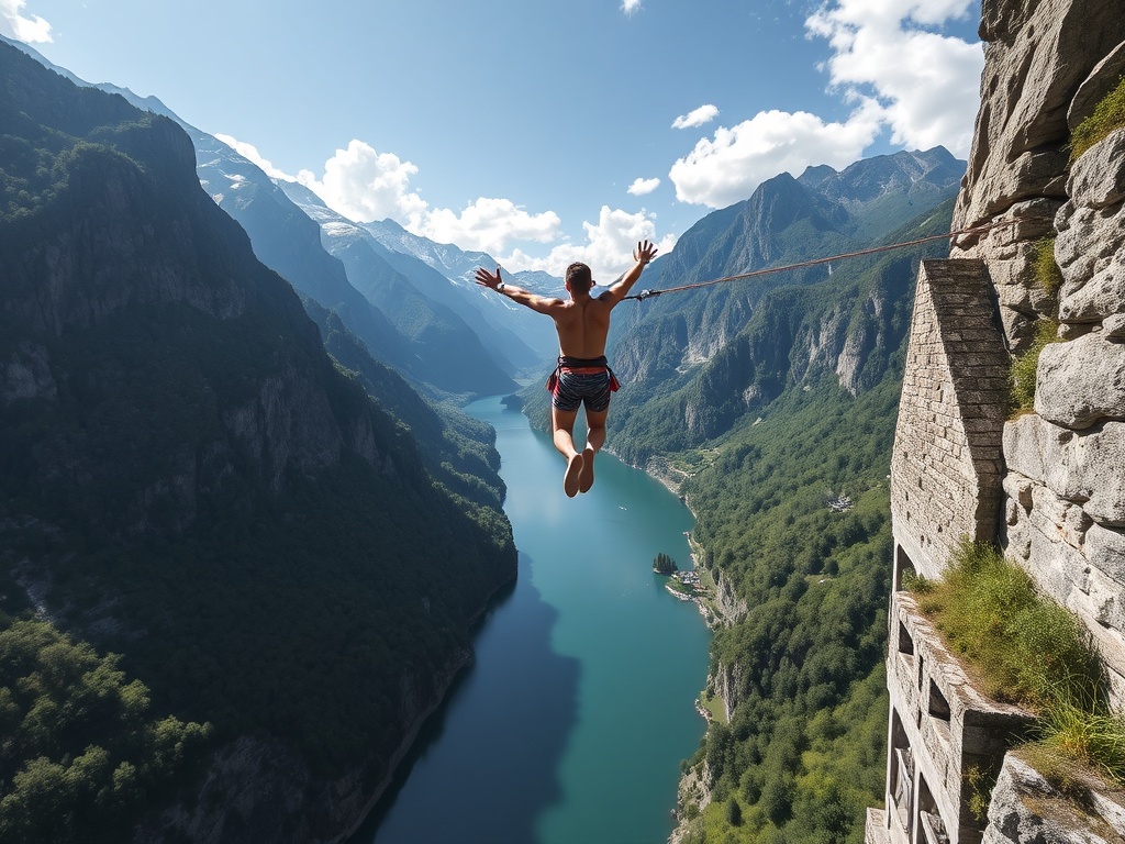 bungee jumper leaping from Verzasca Dam surrounded by Alps