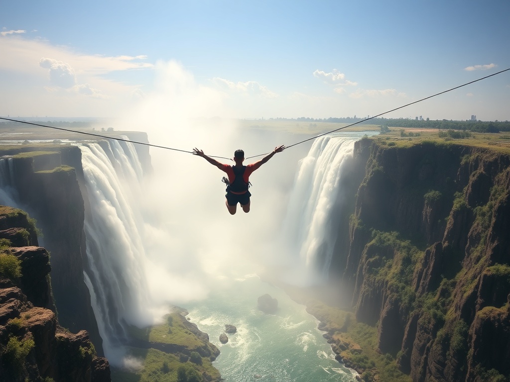 bungee jumper over Victoria Falls with mist and river