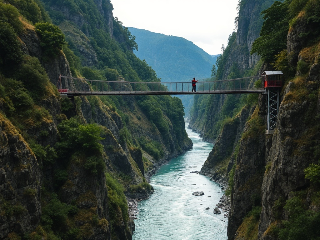 bungee jumping off Kawarau Bridge with river and cliffs