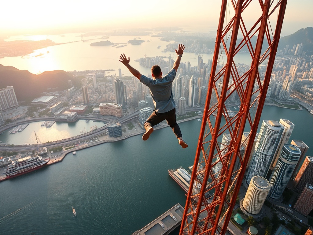 jumping from Macau Tower over cityscape and harbor