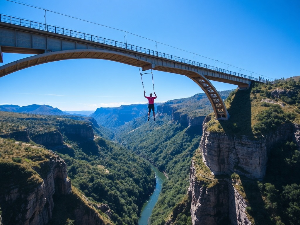 person bungee jumping off Bloukrans Bridge over river valley