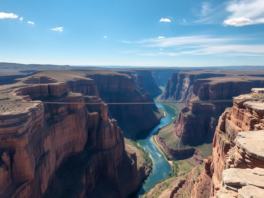 bungee jump over dramatic canyon with river far below and expansive sky