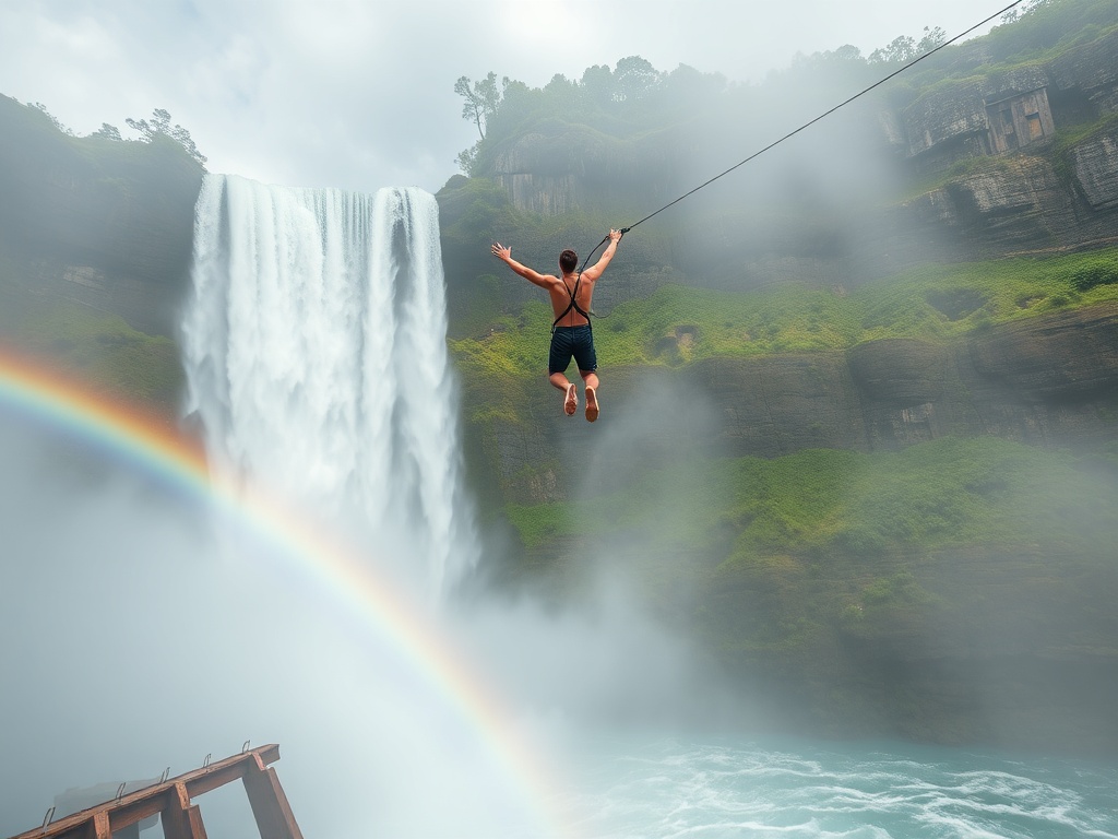 bungee jumper leaping toward misty waterfall with rainbow and roaring water below