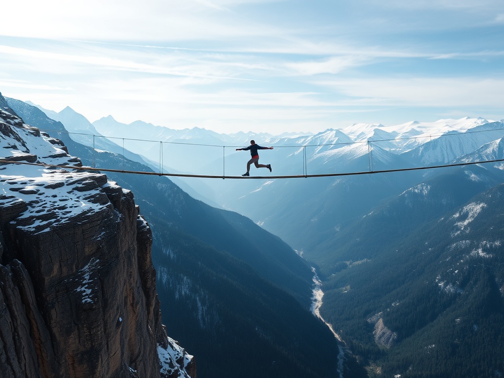 high alpine bridge jump with snow-capped mountains and deep valley below