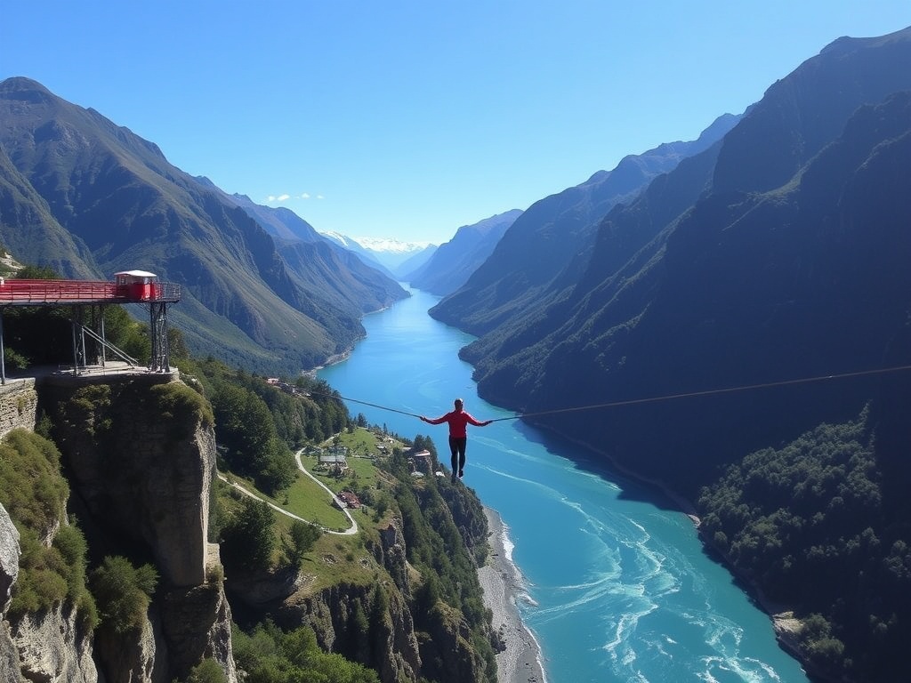 historic bungee jump over turquoise river in Queenstown with dramatic mountains