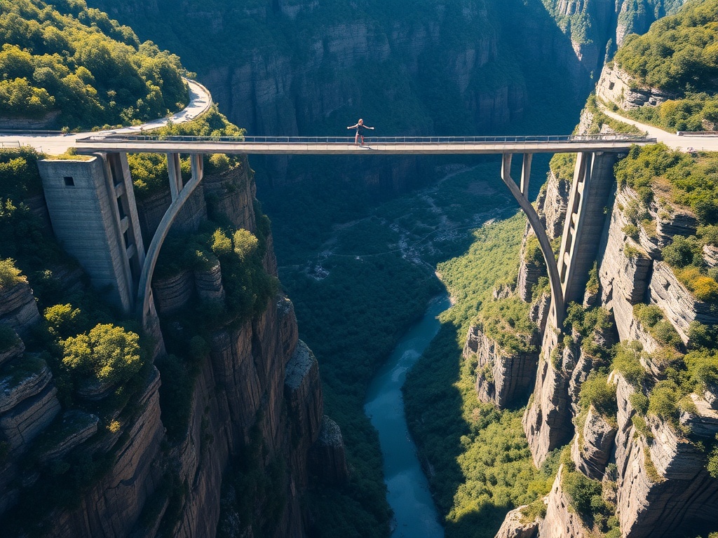 massive bridge spanning deep valley with bungee jumper midair surrounded by lush greenery