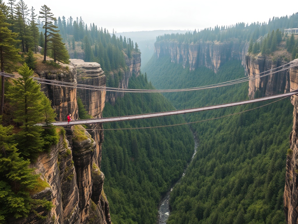 narrow suspension bridge high above forested canyon with jumper mid-fall
