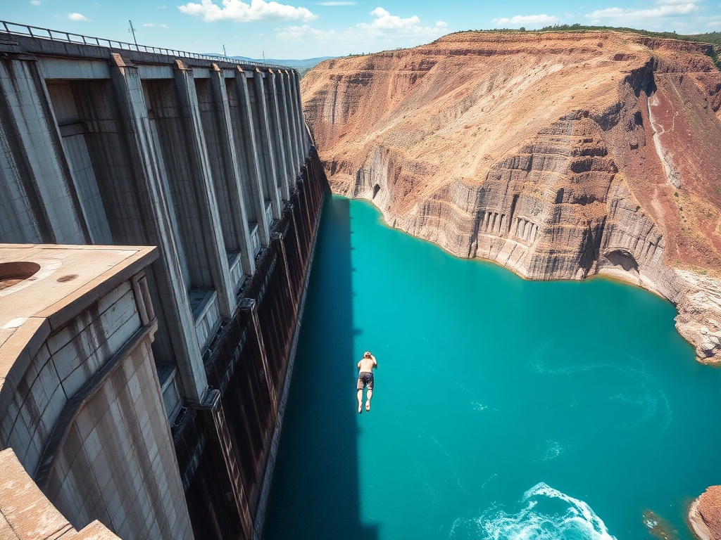 person diving headfirst off massive concrete dam with turquoise water below