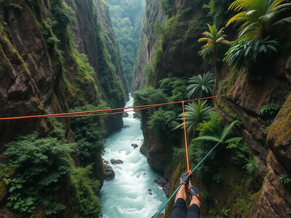 remote jungle canyon bungee jump with rope stretching over rushing river