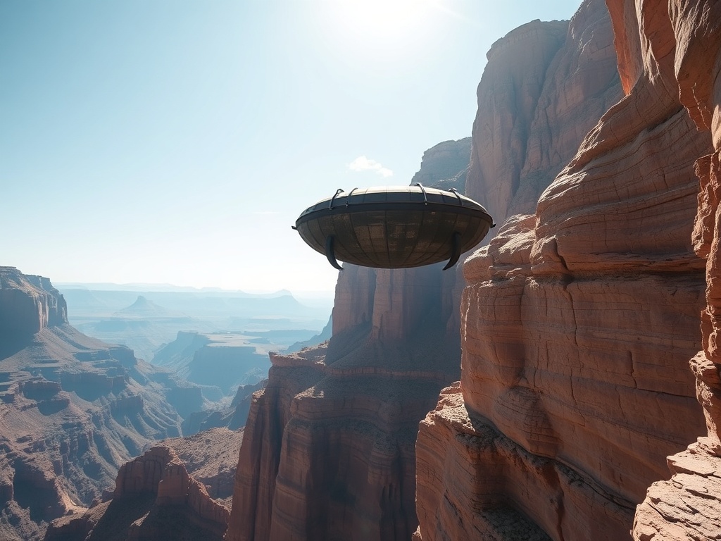suspended pod over deep canyon with jumper leaping into vast open space