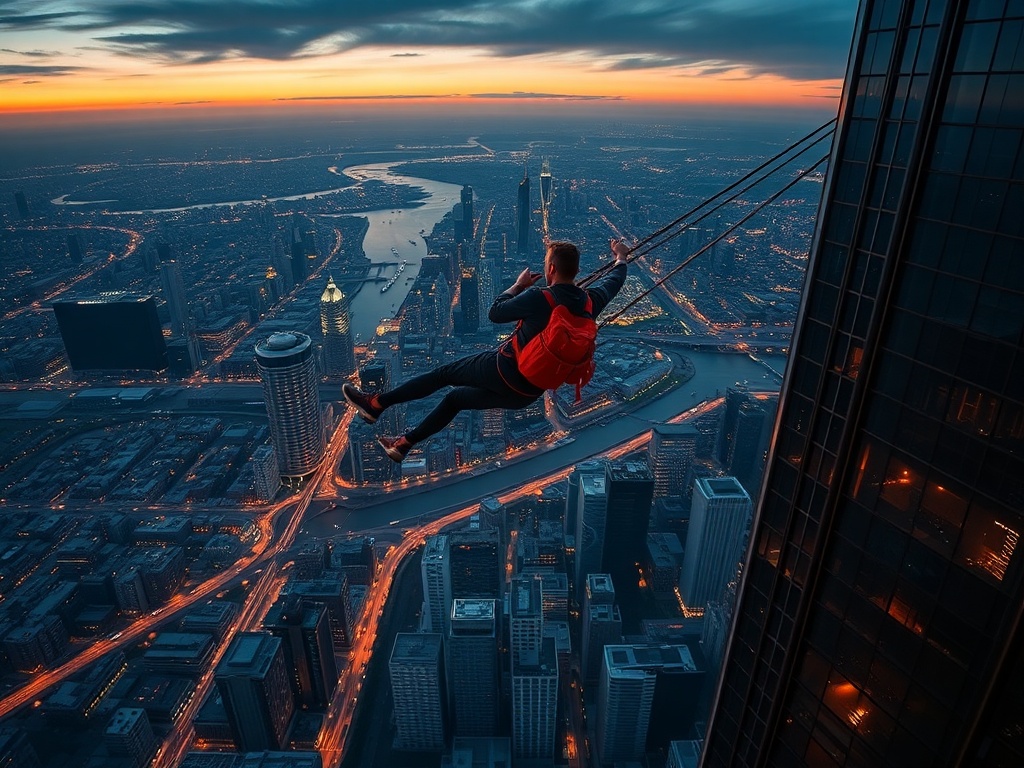 ultra high urban bungee jump from skyscraper overlooking dense city skyline at sunset
