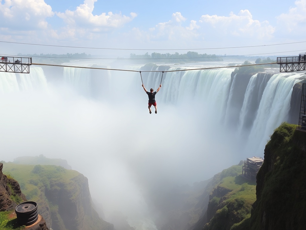 bungee jumper over Victoria Falls bridge with mist and waterfall below