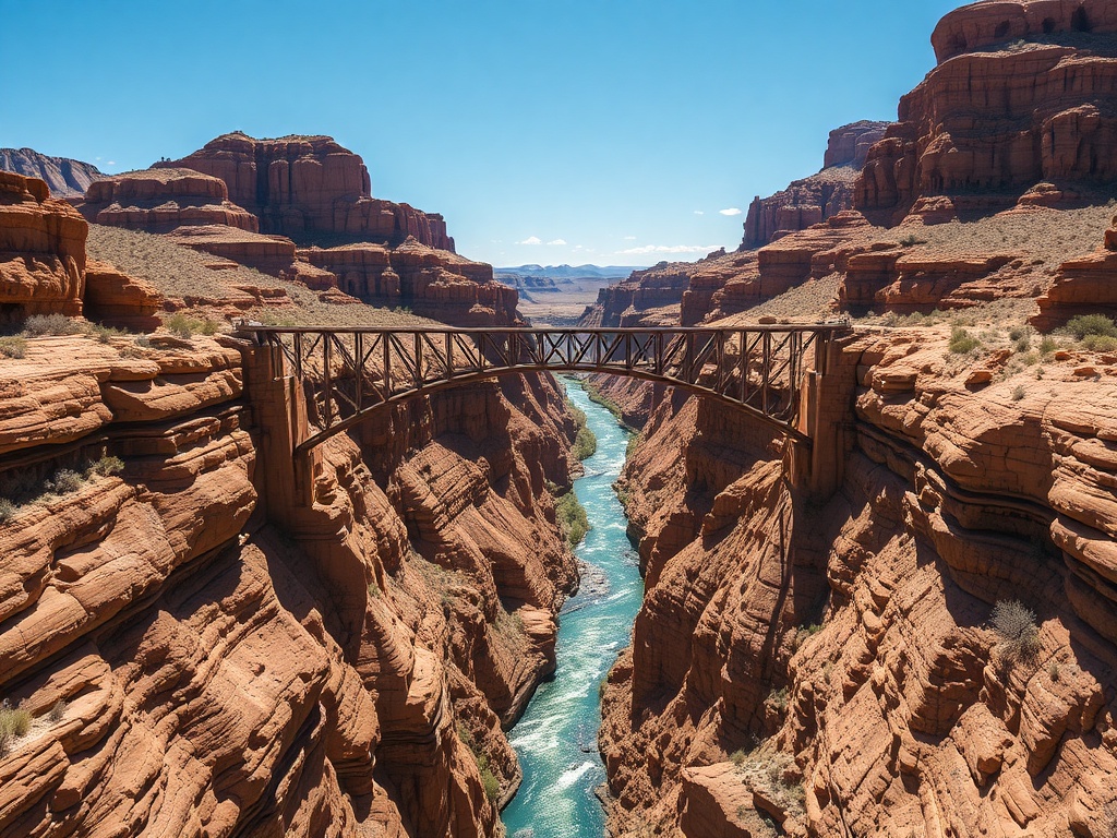 desert canyon in New Mexico with long bridge and bungee jumper over river