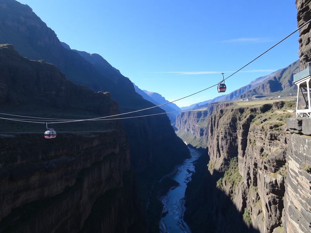 dramatic canyon in New Zealand with suspended cable car bungee platform over deep gorge