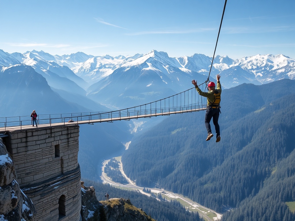 high alpine bridge in Austria with snow-capped mountains and bungee jumper