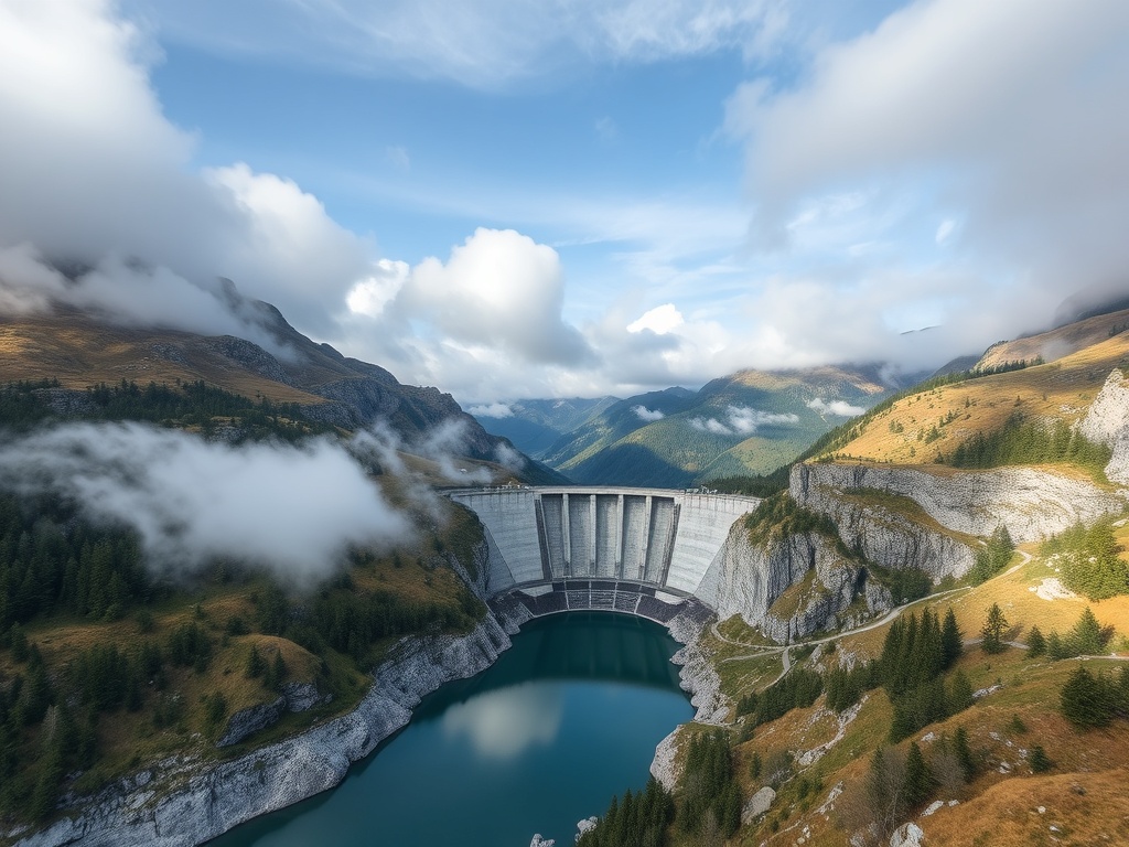 high mountain dam in Austria surrounded by alpine landscape and clouds