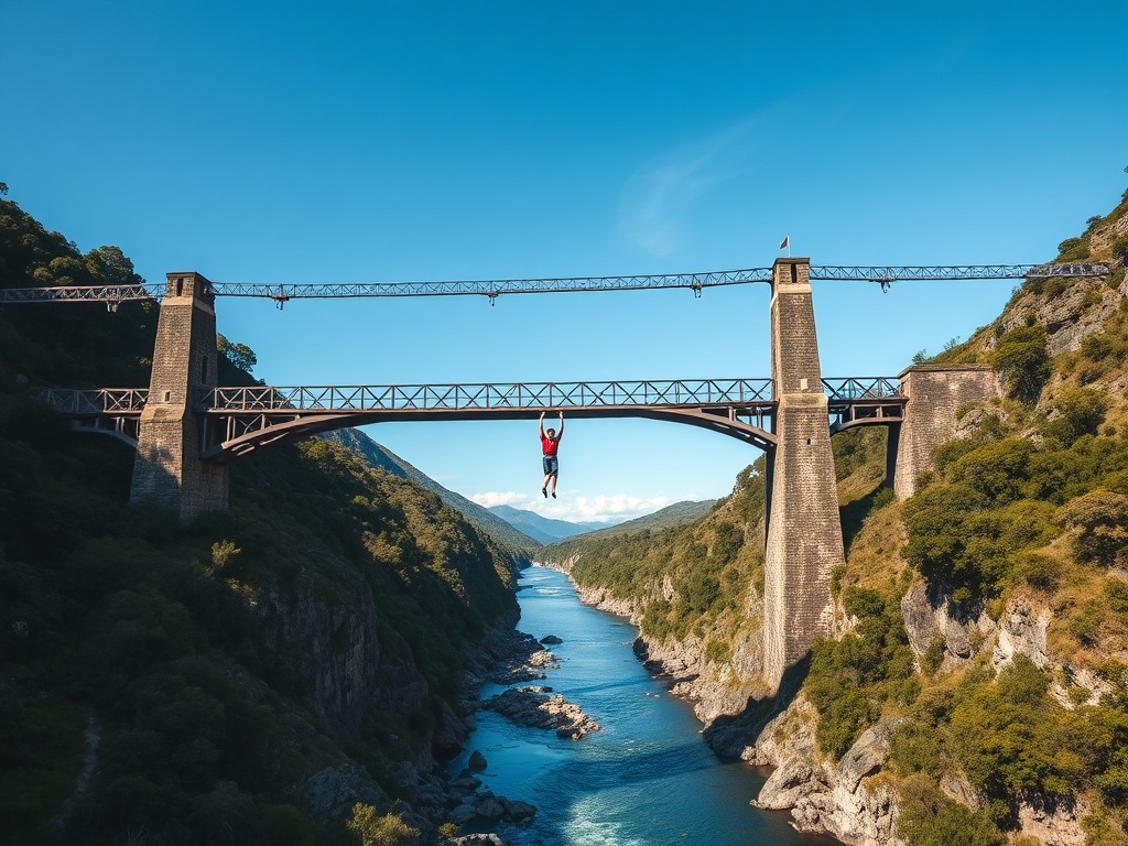historic bridge over river in New Zealand with classic bungee jump scene