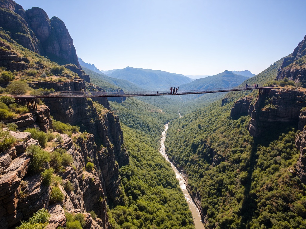 long bridge over lush valley in South Africa with bungee jumpers mid-air