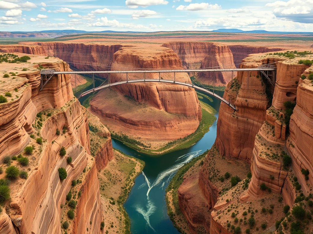 massive canyon in Colorado with high bridge and bungee jumper over river