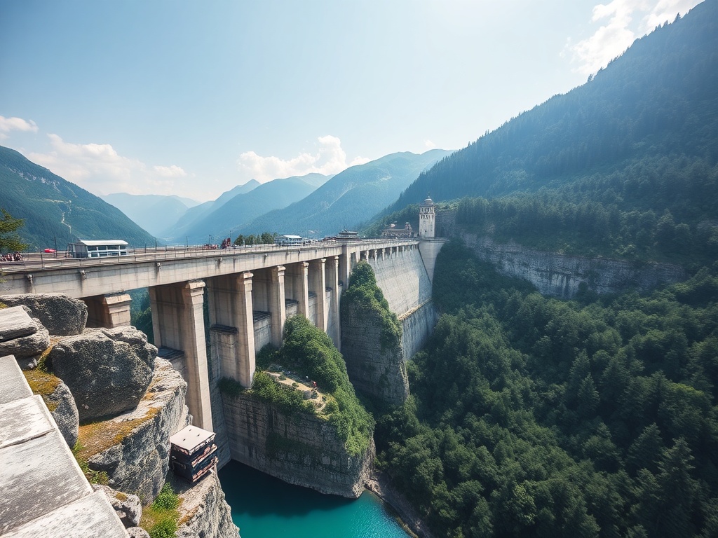 massive concrete dam in Switzerland with bungee jumper diving off edge above turquoise water