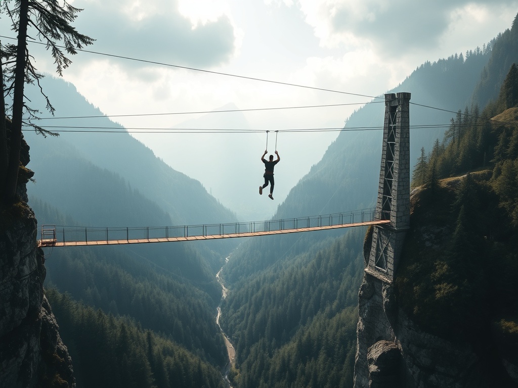 suspension bridge in Switzerland with bungee jumper above forest valley